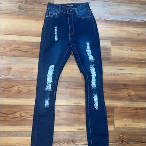 Fashion Nova Dark Wash Distressed High Waisted Skinny Jeans